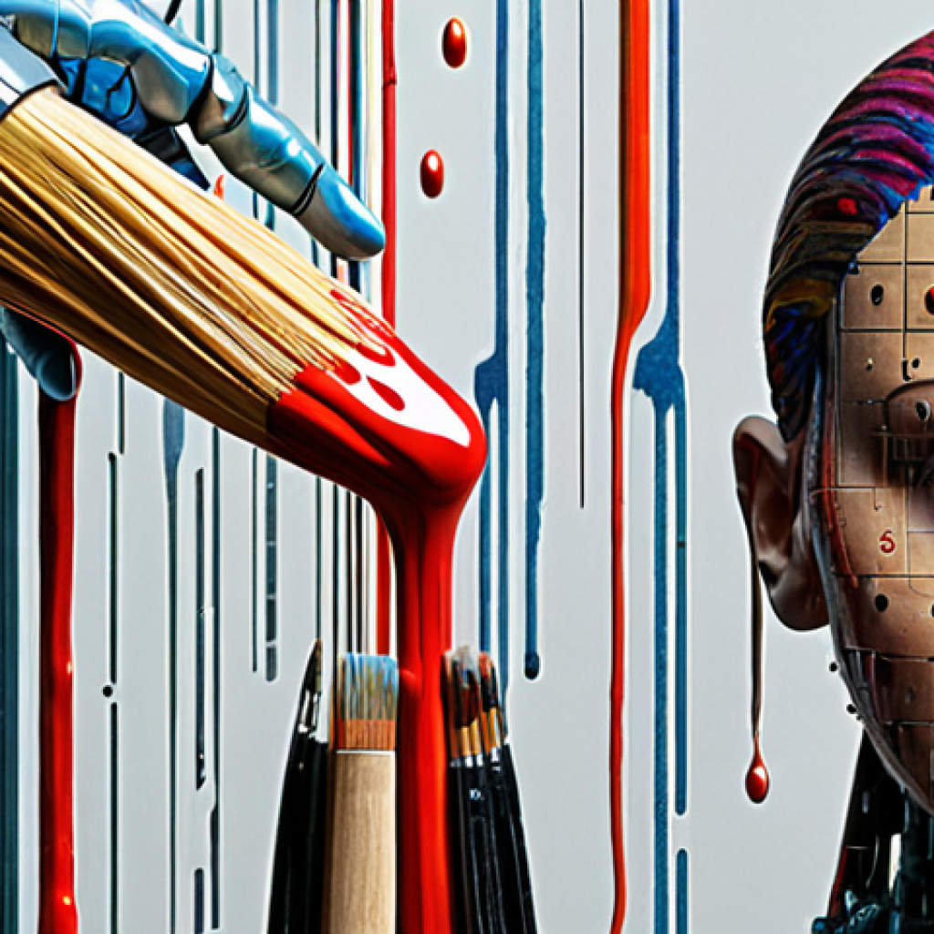 ** "A vibrant, chaotic digital collage representing the intersection of AI and art. Include elements of classic paintings distorted by glitch effects, robotic arms holding paintbrushes, and binary code cascading down like rain. The overall mood is both futuristic and slightly unsettling, questioning the nature of creativity in the digital age."

**