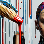 ** "A vibrant, chaotic digital collage representing the intersection of AI and art. Include elements of classic paintings distorted by glitch effects, robotic arms holding paintbrushes, and binary code cascading down like rain. The overall mood is both futuristic and slightly unsettling, questioning the nature of creativity in the digital age."

**