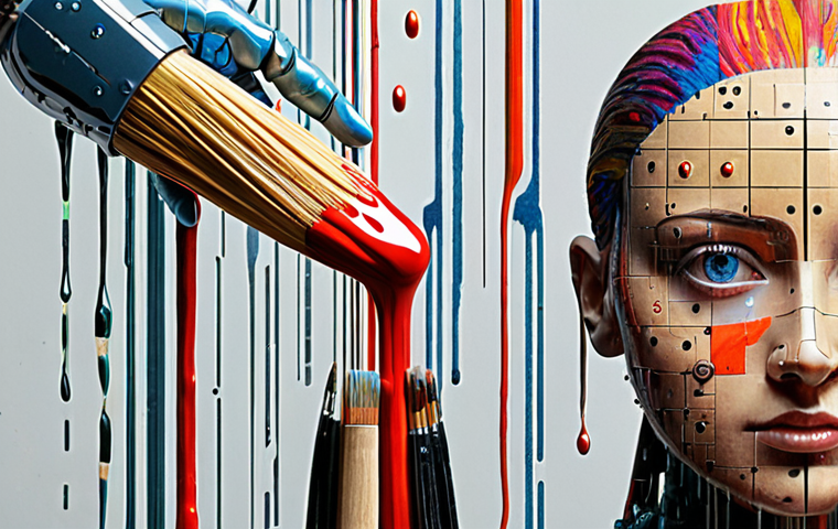 ** "A vibrant, chaotic digital collage representing the intersection of AI and art. Include elements of classic paintings distorted by glitch effects, robotic arms holding paintbrushes, and binary code cascading down like rain. The overall mood is both futuristic and slightly unsettling, questioning the nature of creativity in the digital age."
**