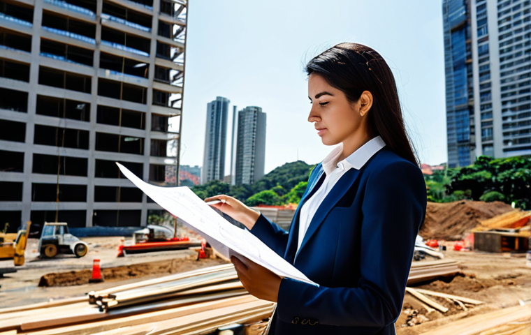 **

A professional architect, fully clothed in a stylish but modest business casual outfit (think tailored trousers and a blouse), is reviewing blueprints at a sun-drenched construction site in São Paulo, Brazil. The background includes modern buildings and a vibrant cityscape. Safe for work, appropriate content, perfect anatomy, correct proportions, well-formed hands, proper finger count, natural body proportions, professional photography, high quality, realistic.

**