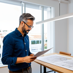 **

"A professional architect, fully clothed in a modest business casual outfit, is reviewing blueprints at a bright and modern co-working space in Lisbon, Portugal, appropriate attire, safe for work, perfect anatomy, natural proportions, professional photography, high quality, family-friendly."

**
