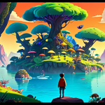 **

"A vibrant and colorful animation still featuring a character design that blends 2D and 3D styles, the character is expressing joy and wonder looking up at a fantastical landscape with floating islands and bioluminescent flora, the overall style is inspired by Pixar and Studio Ghibli, warm color palette, professional lighting, appropriate content, safe for work, fully clothed, modest attire, perfect anatomy, correct proportions, natural pose, high quality rendering."

**