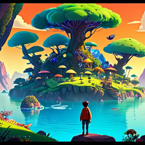 Home 9 **
"A vibrant and colorful animation still featuring a character design that blends 2D and 3D styles, the character is expressing joy and wonder looking up at a fantastical landscape with floating islands and bioluminescent flora, the overall style is inspired by Pixar and Studio Ghibli, warm color palette, professional lighting, appropriate content, safe for work, fully clothed, modest attire, perfect anatomy, correct proportions, natural pose, high quality rendering."
**