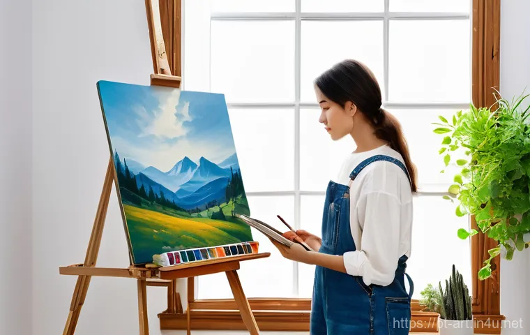 미술 교육을 위한 온라인 자료 활용법 - **Prompt: "A serene and brightly lit art studio, half traditional and half digital. On the left, an ...