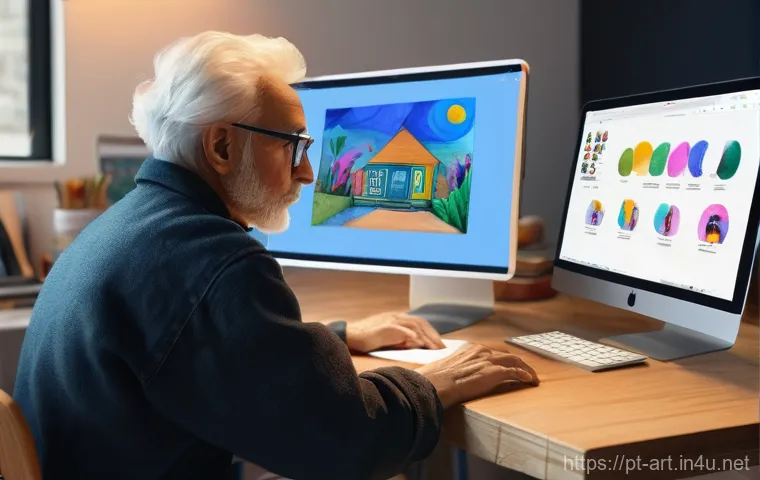 미술 교육을 위한 온라인 자료 활용법 - **Prompt: "A serene and brightly lit art studio, half traditional and half digital. On the left, an ...