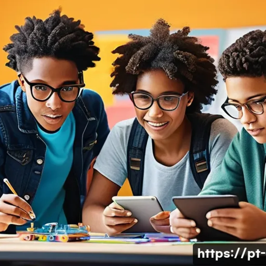 미술과 STEAM 교육 - A diverse group of students collaborating in a bright, modern classroom filled with digital tablets,...