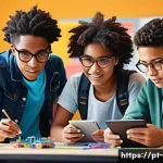 미술과 STEAM 교육 - A diverse group of students collaborating in a bright, modern classroom filled with digital tablets,...