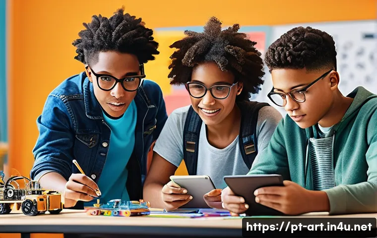 미술과 STEAM 교육 - A diverse group of students collaborating in a bright, modern classroom filled with digital tablets,...