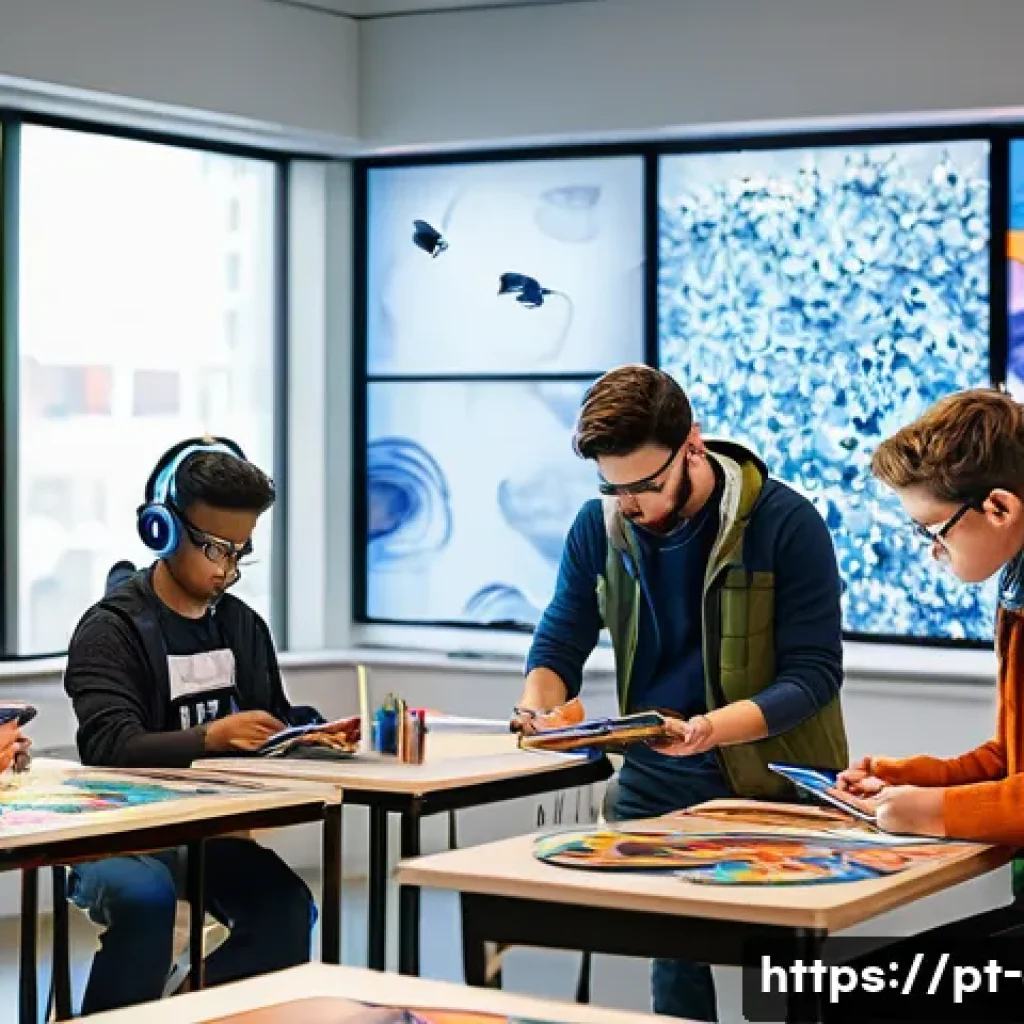 현대 미술 교육의 방향 - A modern art classroom blending digital and traditional media, featuring diverse students collaborat...