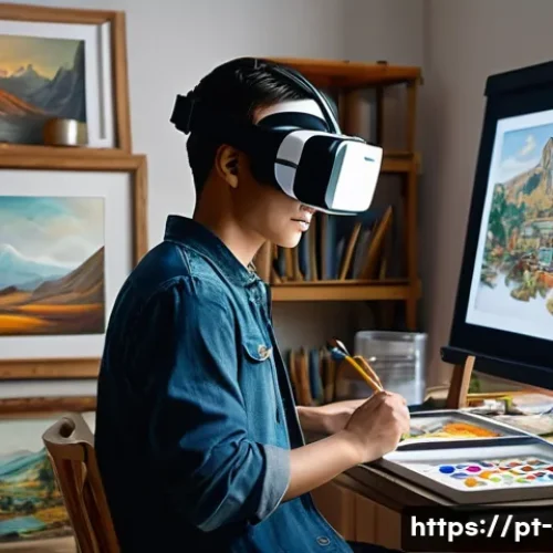 Home 33 미술 교육과 글로벌 아트 트렌드 - A modern digital artist’s studio with a young adult painting on a large tablet screen, surrounded by...