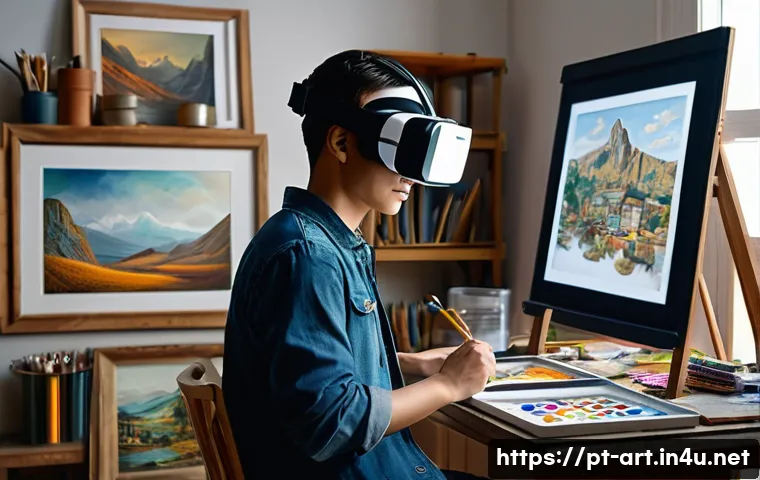 미술 교육과 글로벌 아트 트렌드 - A modern digital artist&rsquo;s studio with a young adult painting on a large tablet screen, surrounded by...
