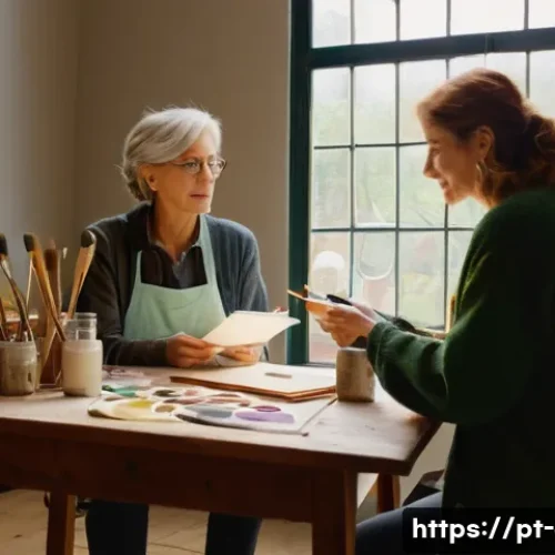 Home 32 미술에서의 인터뷰 및 비평 방법 - A warm, intimate interview scene between a middle-aged female painter and a journalist in a cozy, so...