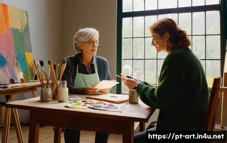 미술에서의 인터뷰 및 비평 방법 - A warm, intimate interview scene between a middle-aged female painter and a journalist in a cozy, so...