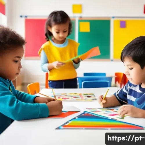 Home 31 미술 교육과 조형 심리학 - A vibrant classroom scene focused on children engaging in creative art activities, using a variety o...