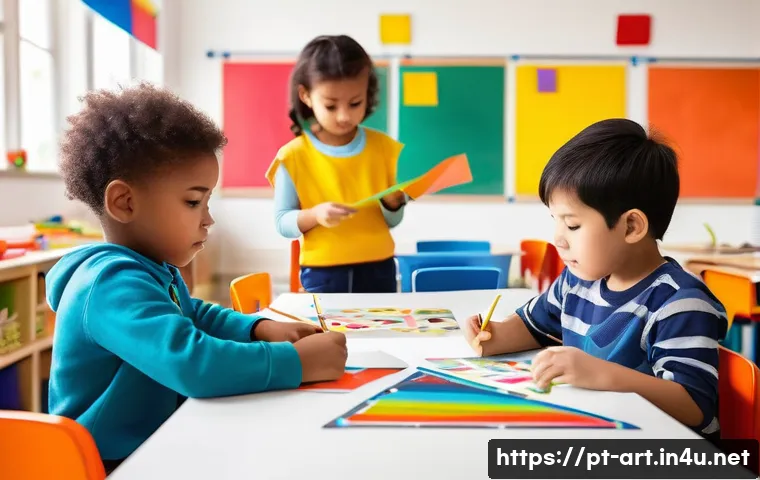 미술 교육과 조형 심리학 - A vibrant classroom scene focused on children engaging in creative art activities, using a variety o...