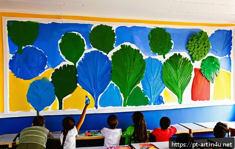미술 수업에서의 프로젝트 기반 학습 - A diverse classroom setting in Brazil where students collaboratively create a large colorful mural a...