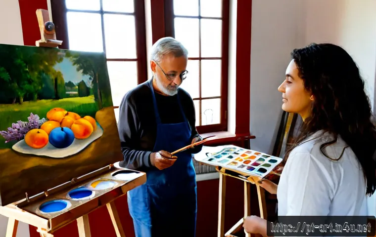 Home 17 미술 교육과 미술 작품 감정법 - Photorealistic art education workshop in a bright Portuguese community art studio, an older instruct...