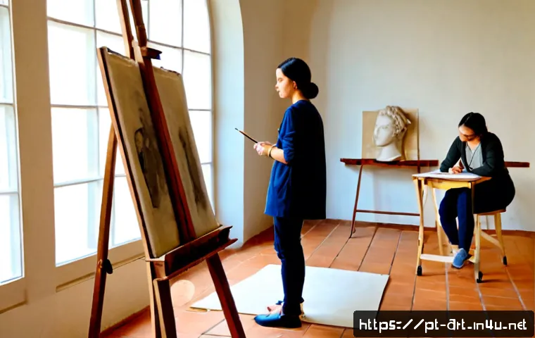 르네상스 미술 교육 - Photorealistic Renaissance art education workshop in a bright Lisbon studio, an adult instructor dem...